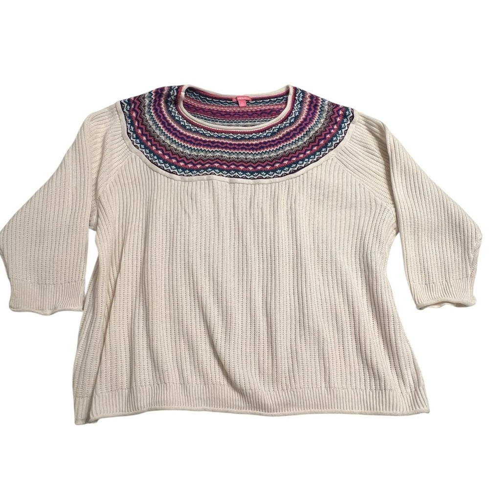 Woman Within Crew Neck Sweater 5X Off-White with Pink Pattern